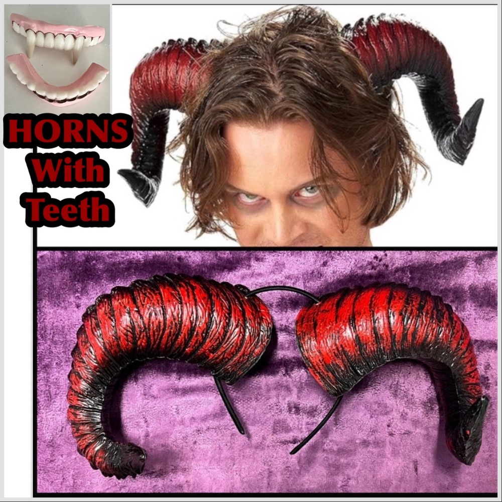 Satan Demon Devil Horns Headband with demon teeth
